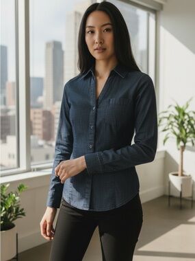 Express Chambray Button Down Shirt Womens XS Petite Blue Long Sleeve Fitted